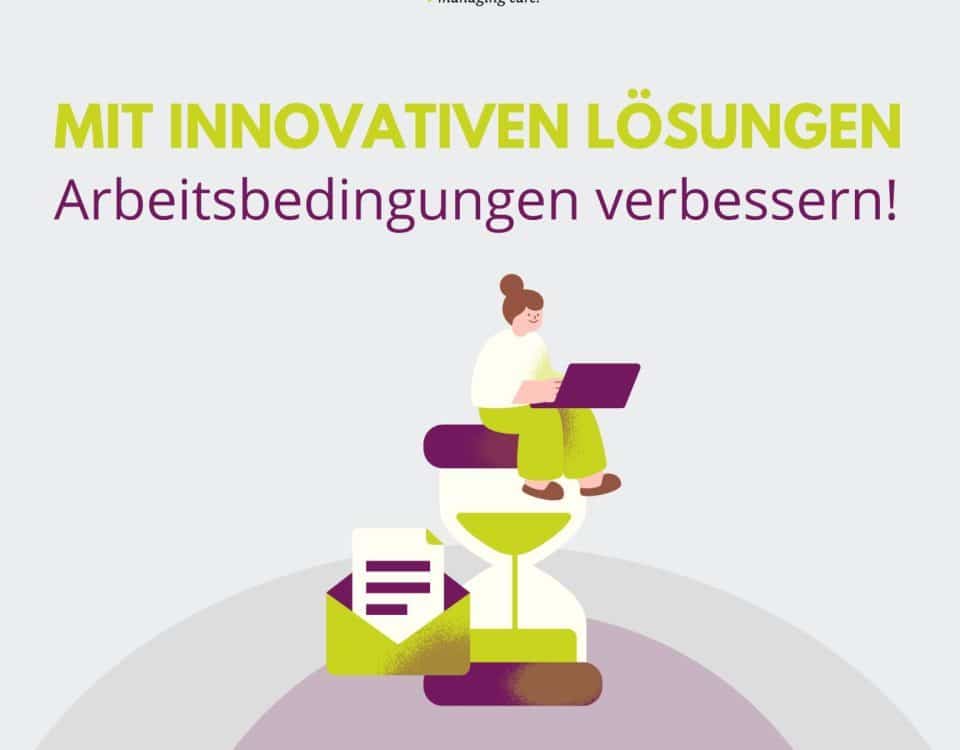 A woman sits on an hourglass with a laptop. Text: Improving working conditions with innovative solutions