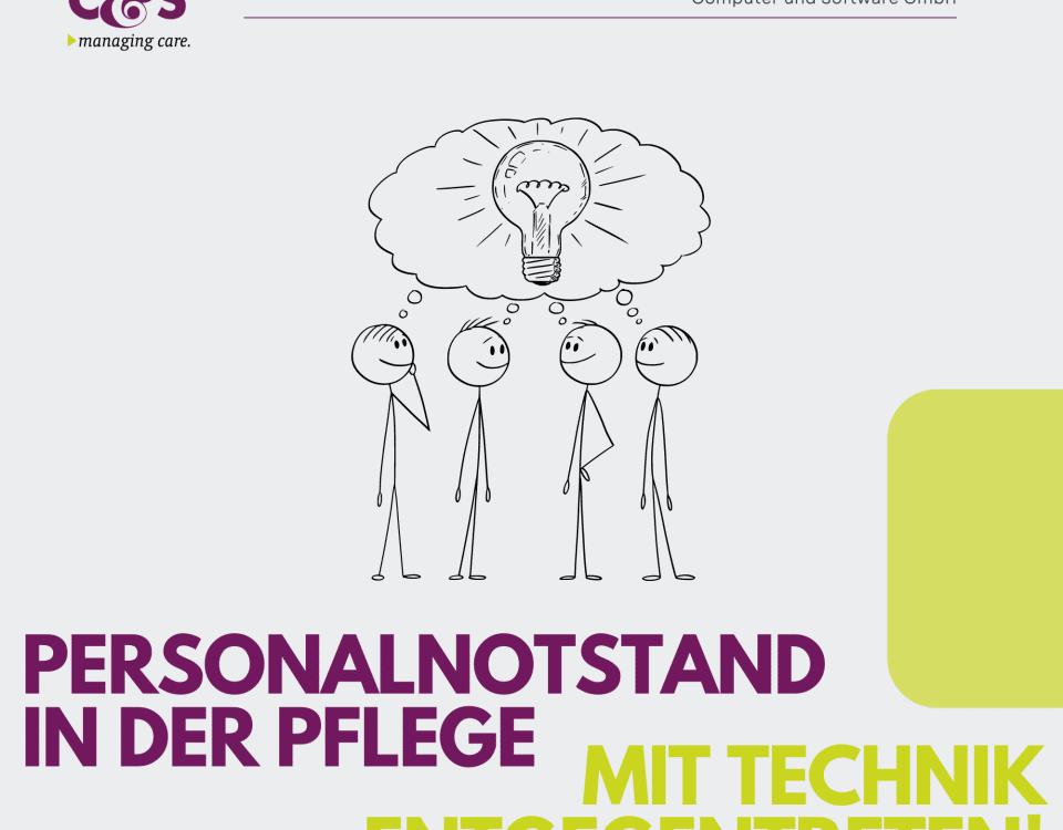 Stichmännchen brainstorming with the text "Countering staff shortages in care with technology"