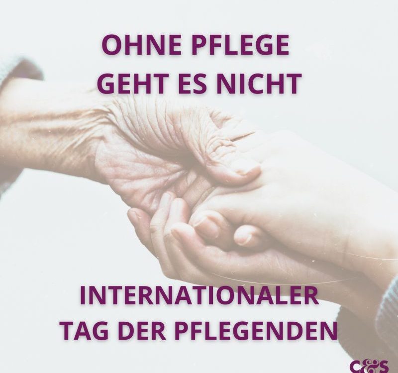 Holding hands with text in front of it "You can't do without care" - fitting for International Care Day.